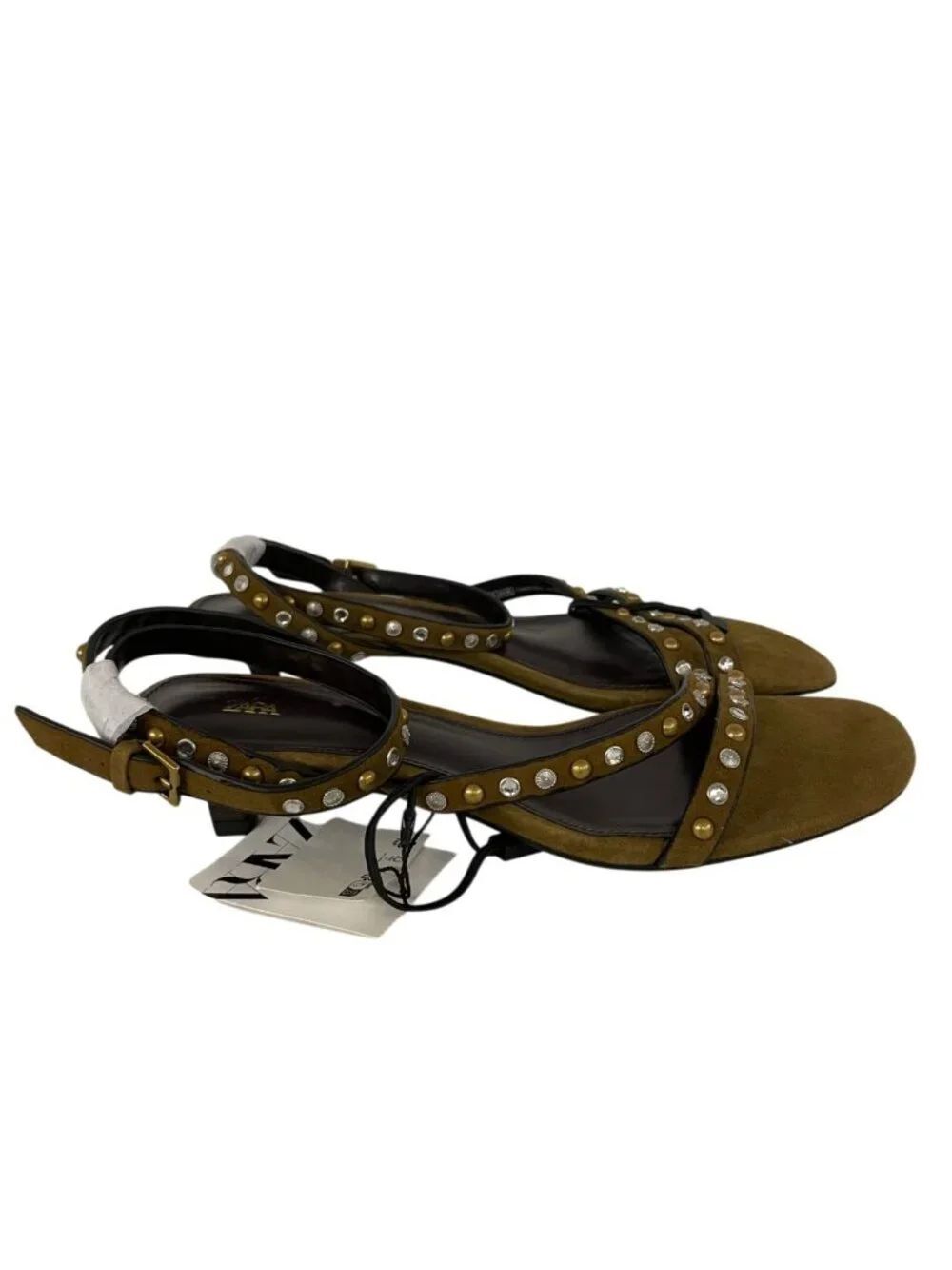Zara Womens Suede Sandals EU 38 US 7.5 Olive Green Studded Heels 1346/610 NWOB - Picture 6 of 12